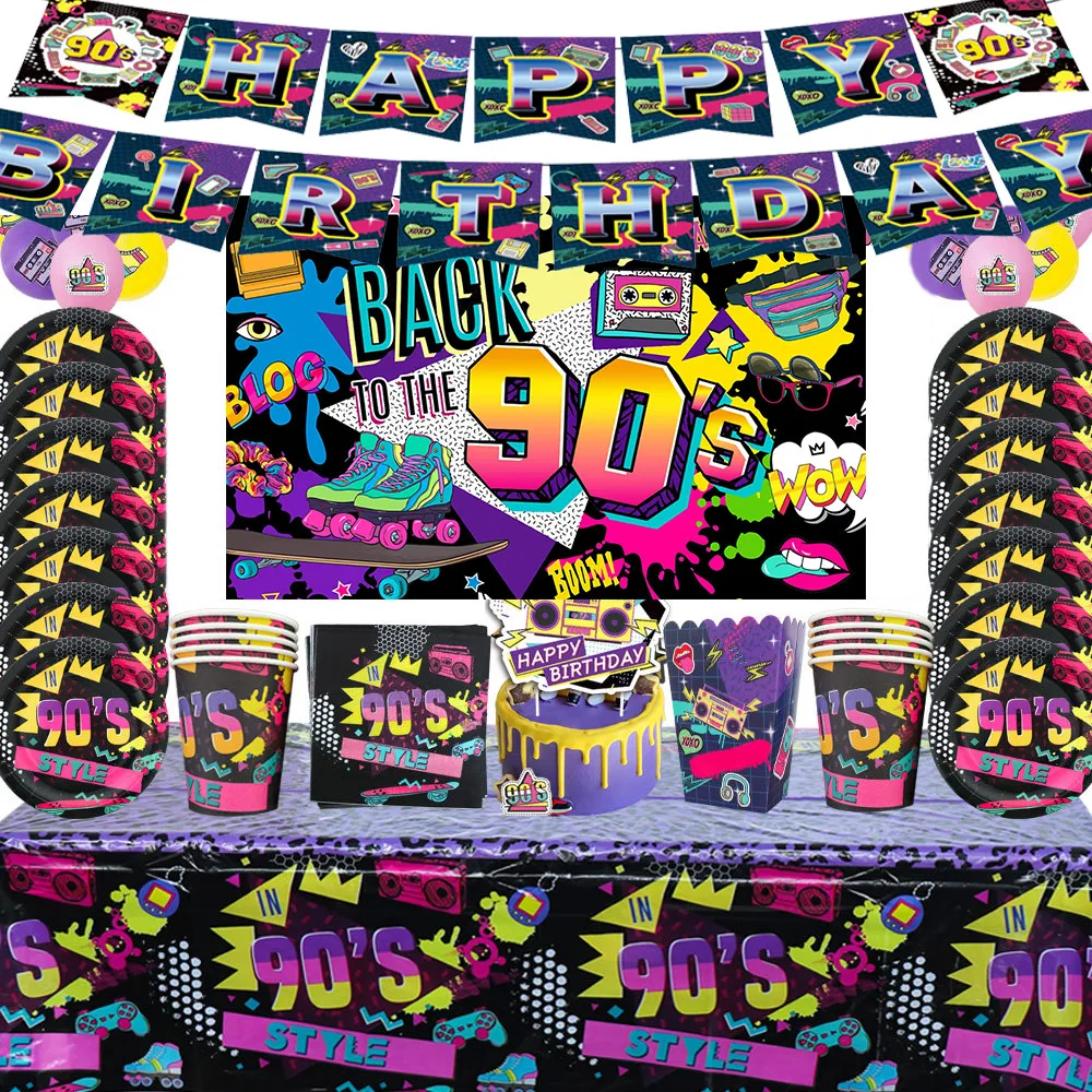 

90s Theme 90s Disco Fever Dancer Party Supplies Disposable Tableware Music Glow Party Graffiti Brick Background Balloons Decor