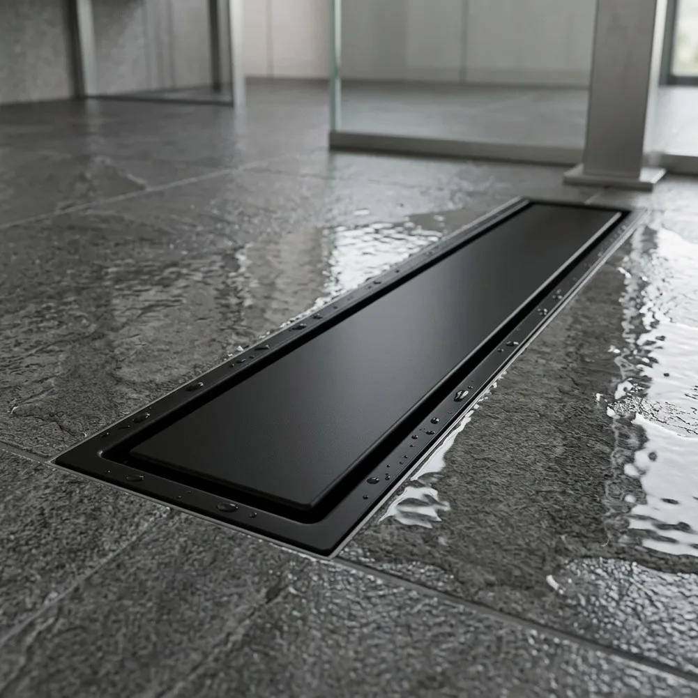 Shower Drain with 50cm Linear Channel and Central Discharge Point Supporting Quick Water Evacuation and Enhanced Slip Prevention