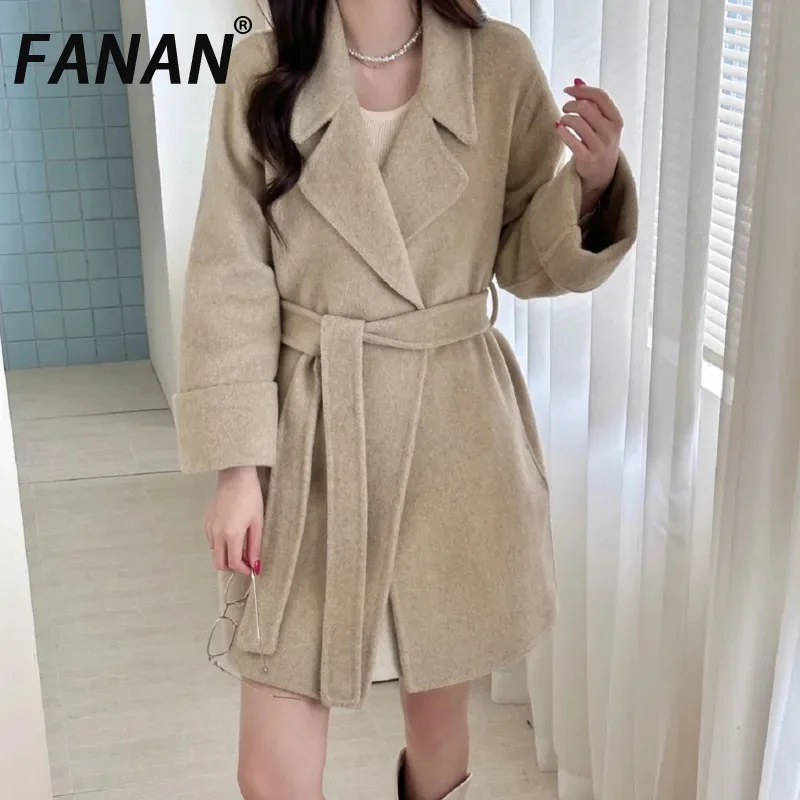 FANAN Simple Blazer Collar Tie-waist Double-sided Women's Wool Coat Short Two-tone Loose-fitting Versatile Woolen Jacket