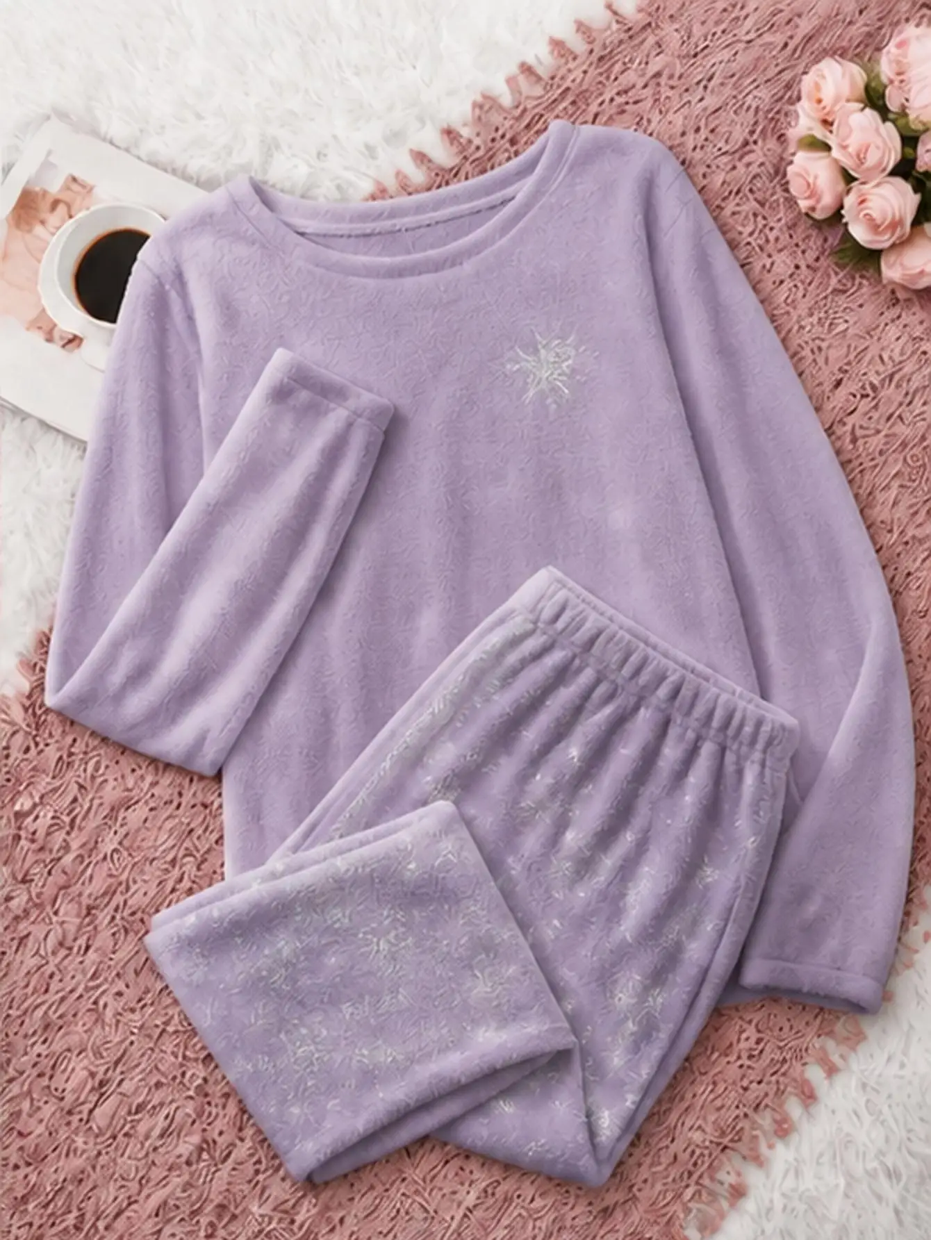 Women Plus Size Coral Fleece Pajama Set Light Purple Snowflake Print Long Sleeve Top & Pants Warm Winter Sleepwear