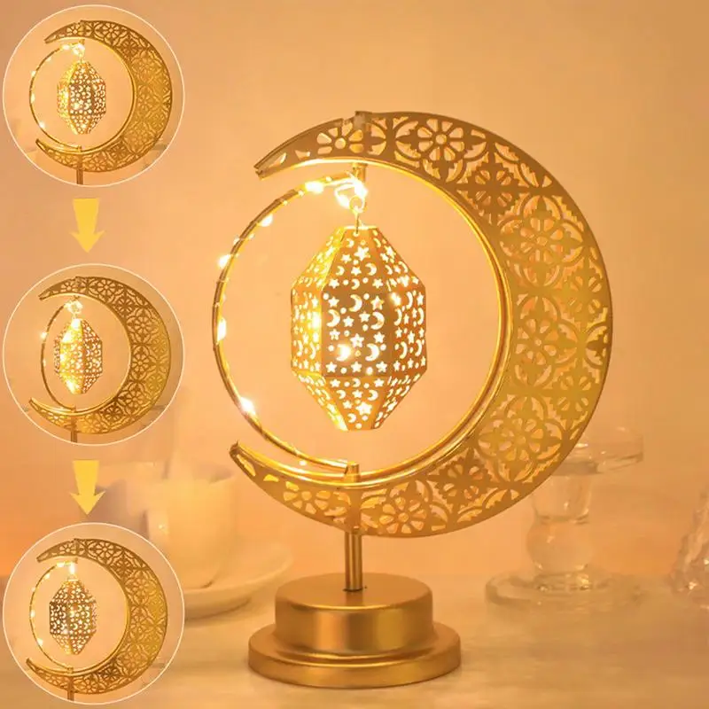 عيد مبارك نجمة القمر ضوء الحديد جوفاء الزخرفية ضوء الليل بطارية تعمل بالطاقة الحديد جوفاء جو مصباح زينة رمضان