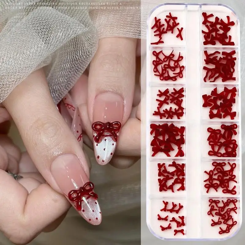 12 Grids/Box Bow Nail Art Decorations 3d Red Brown Bowknot Resin Charms Jewelry Diy Manicure Decoration Supplies Accessories
