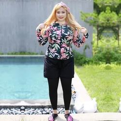 Women's Plus Size 5 Piece Rash Guard Long Sleeve Swimsuit Zip Up Shirt with Boyshorts Pants Swimsuit Tracksuit Rashguard Sunsuit