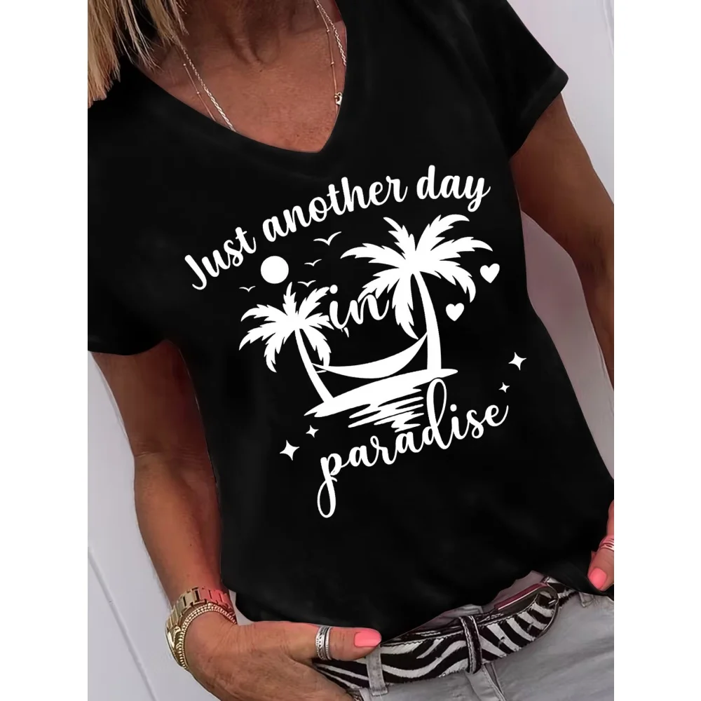 Hawaii Palm Tree Beach Pattern Printed T-Shirt Retro Island Women's V-Neck T-Shirt Fashion Casual Summer Top Women's Sports Wear