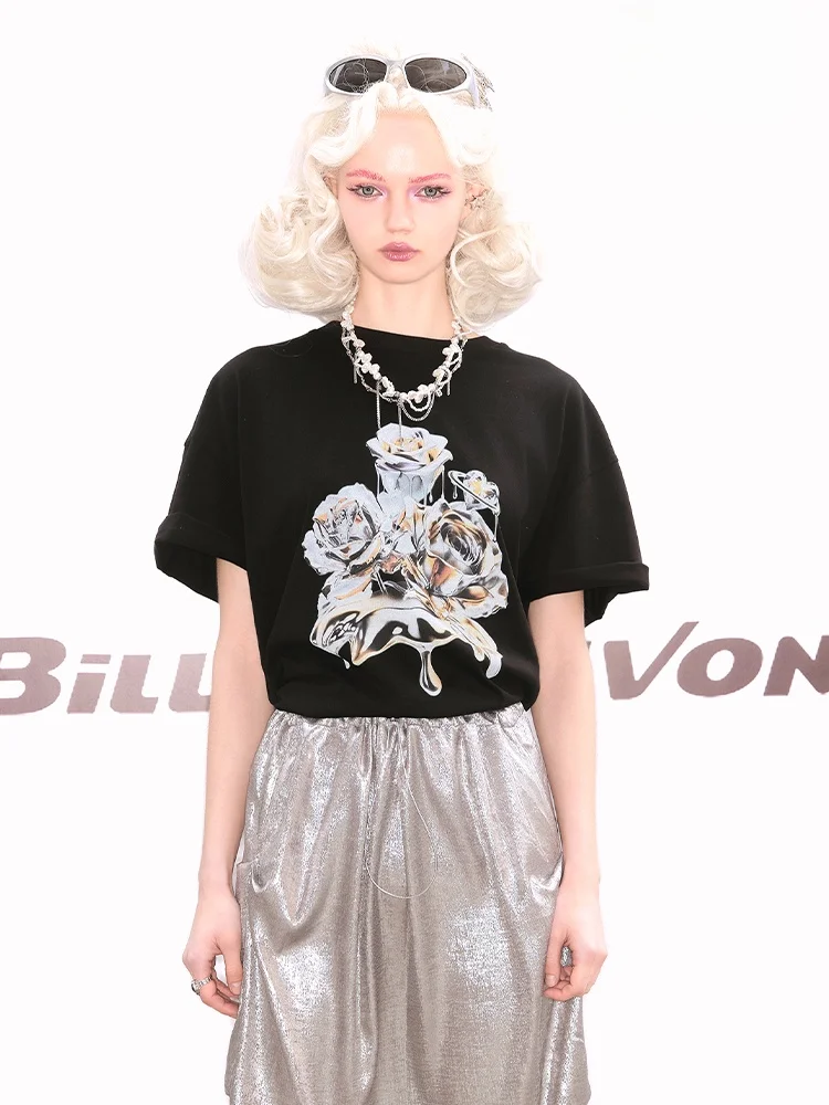 

Футболка BillionDevon с оригинальным принтом, женская летняя футболка оверсайз с коротким рукавом, из чистого хлопка, в уличном стиле, с круглым вырезом, повседневный топ