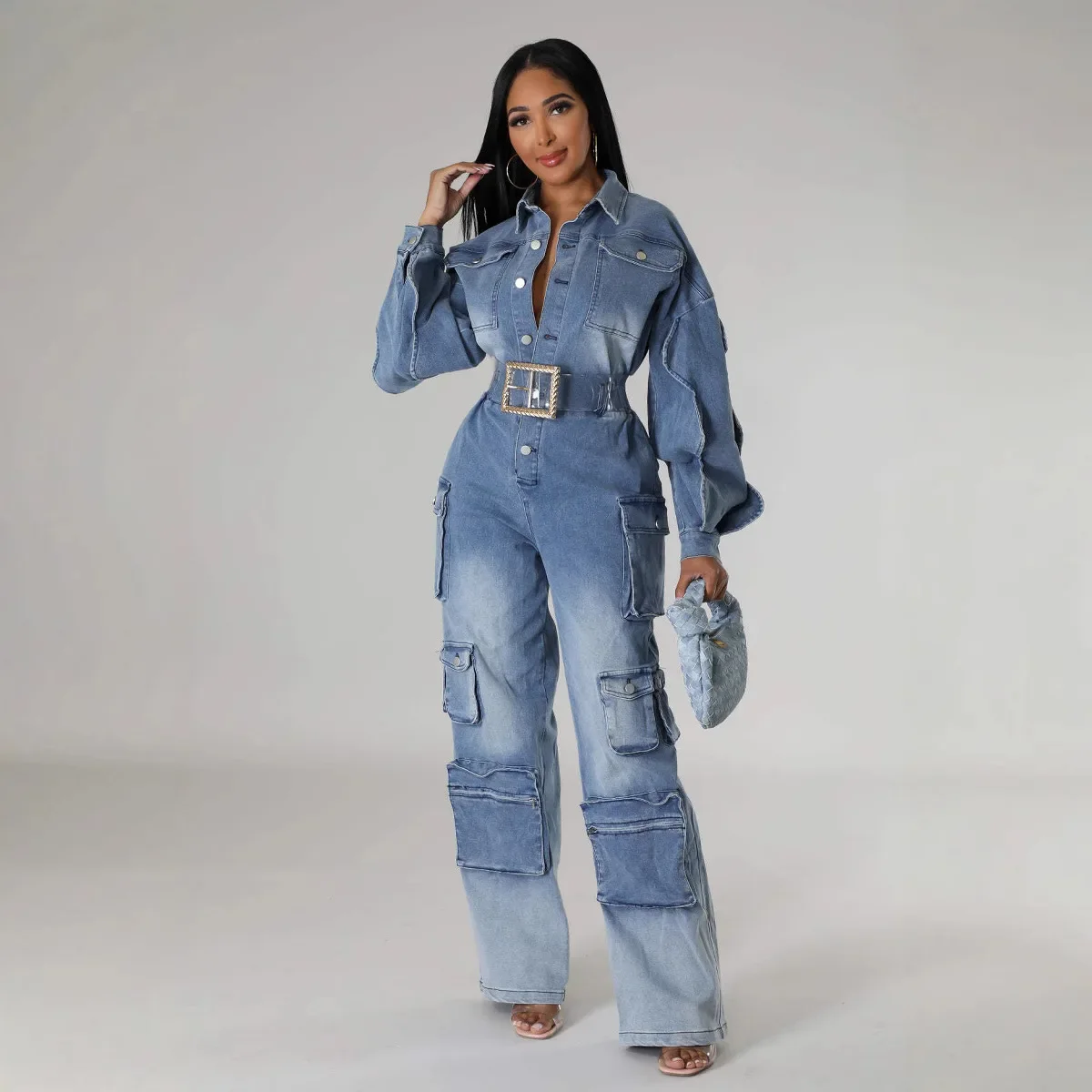 Women Multi Pocket Cargo Denim Washed Long Sleeve Wide Leg Jumpsuits 2025 Oufits Streetwear Club One Piece Jeans Rompers