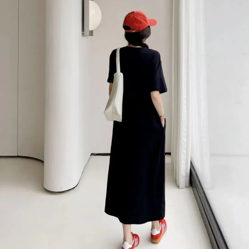 ใหม่ 2025 ฤดูร้อนชุดสตรีหลวมพลัสขนาด Preppy สไตล์ Lady Vestidos พิมพ์เย็บปักถักร้อยแขนสั้นหญิงเสื้อยืดชุด