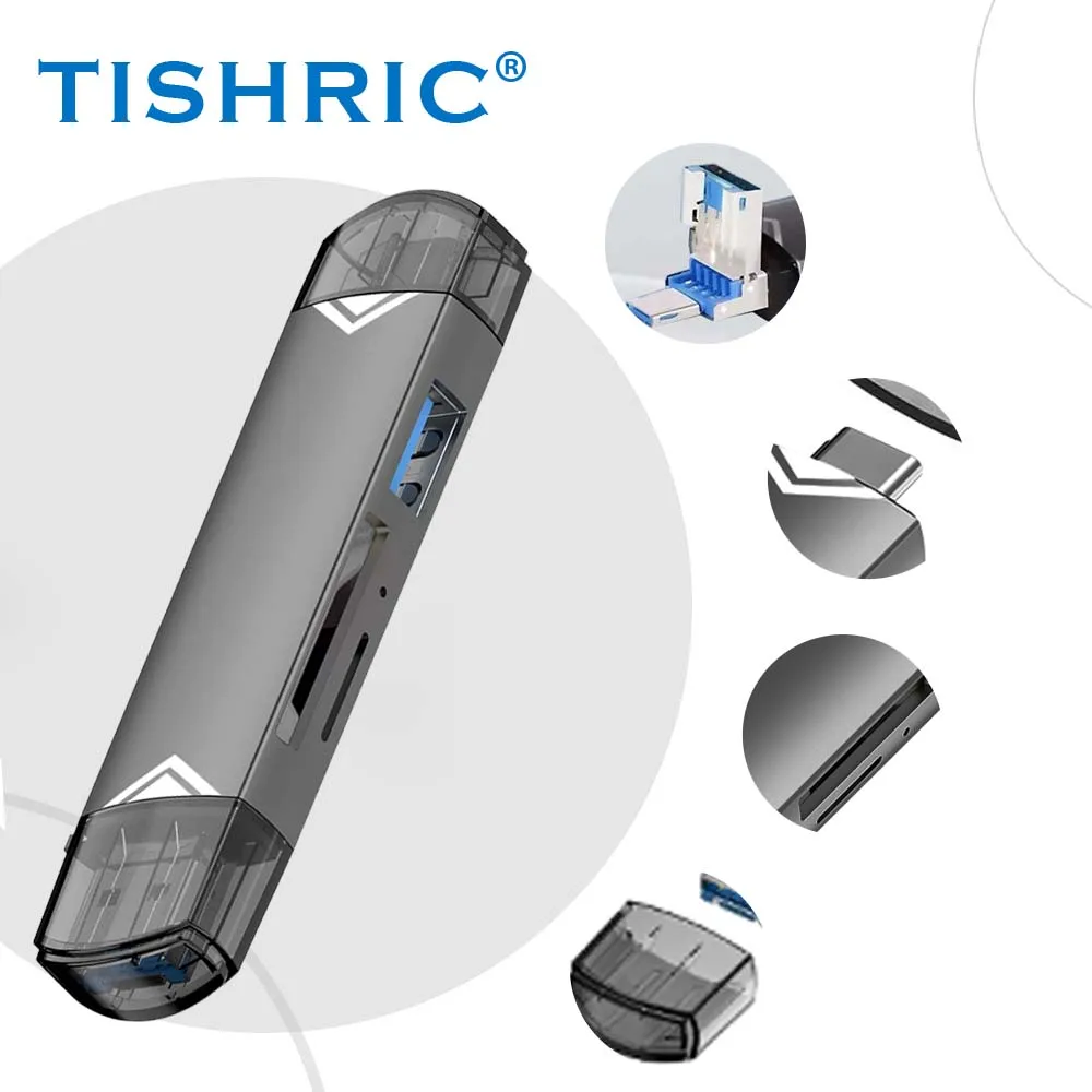 TISHRIC 6 In 1 Card Reader External U Disk TF Card SD Card Keyboard Mouse USB Type-C Interface Aluminium Alloy Card Adapter