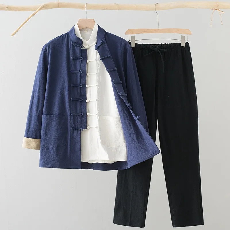 

Мужская хлопково-льняная одежда с длинными рукавами в китайском стиле, винтажная свободная посадка Hanfu Tai Chi, топ в стиле дзен, повседневная одежда в стиле вестерн