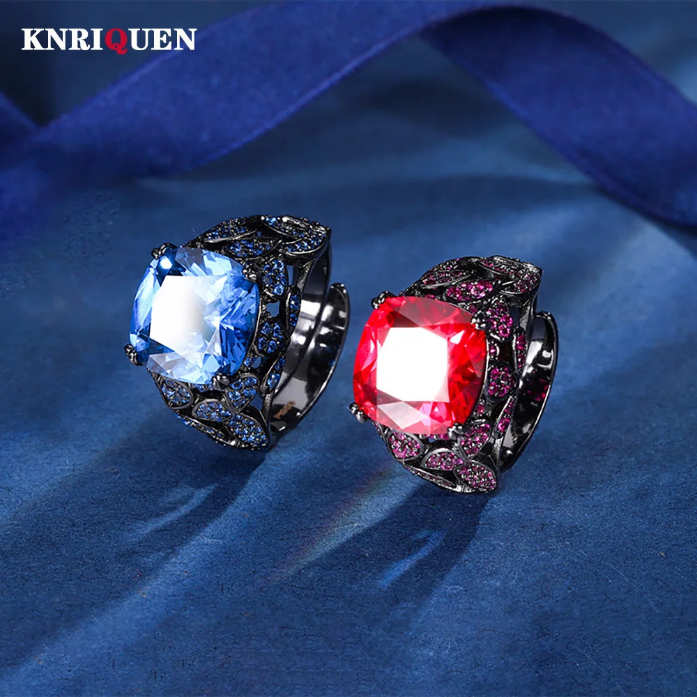 

New Luxury Noble 12*12MM Ruby Sapphire Ring for Women Gemstone Party Fine Jewelry Black Personality Ring Female Anniversary Gift