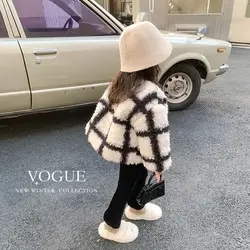 Girls Jacket outerwear autumn and winter new style children's stylish plaid lambhair cotton clothes baby thick warm coat