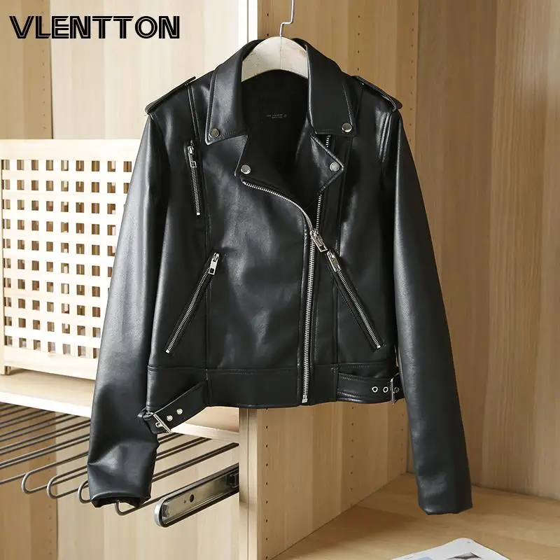 2024 Spring Autumn Women Black Faux Leather Jacket Casual Zipper With Belt Biker Coat Female Casual Solid Short Outwear