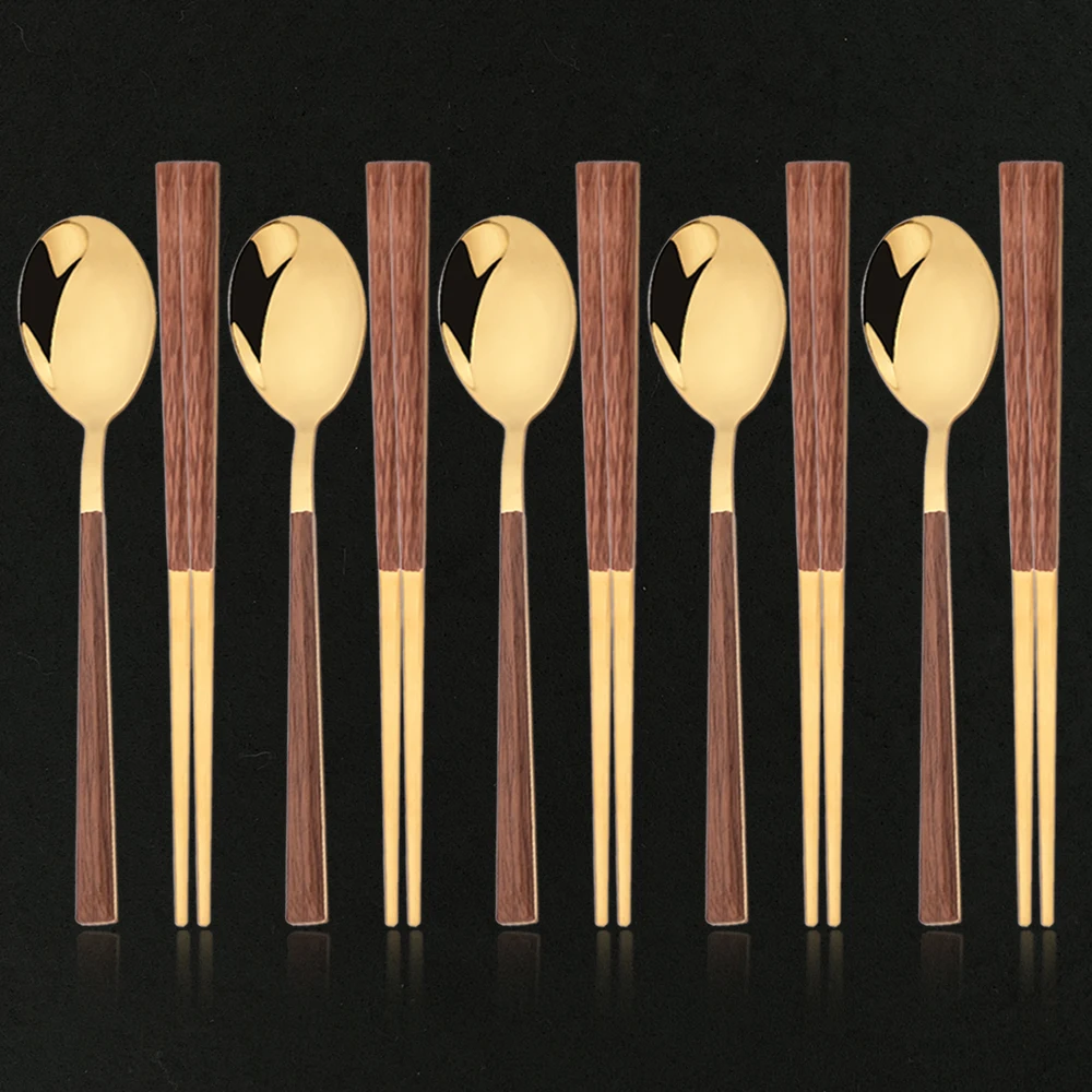 Gold 10Pcs Korean Style Portable Flatware Cutlery Set Imitation Wooden Spoon Chopstick Set Outdoor Travel Camping Tableware Set