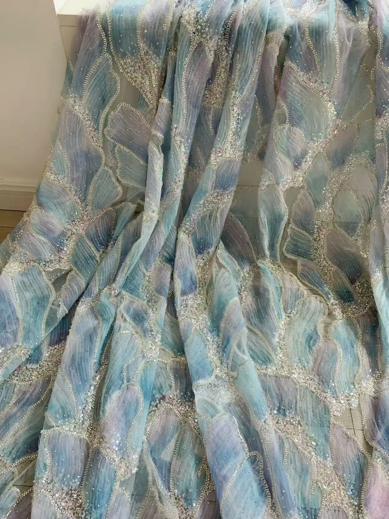 

1 Yard Light Blue 3D Floral Embroidery Fabric With Sequins And Beadwork For Bridal Dress Lace Tulle Dress Wedding Dress Fabric