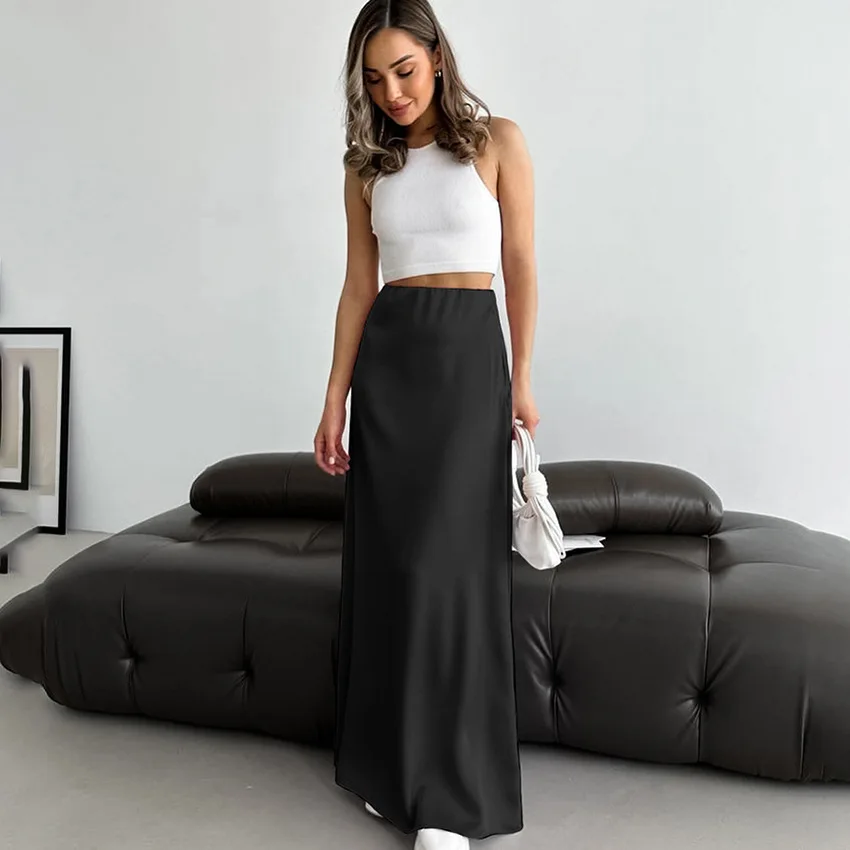 

European American fashion black versatile high-waisted skirt summer and autumn new cross-border niche simple slim dress women
