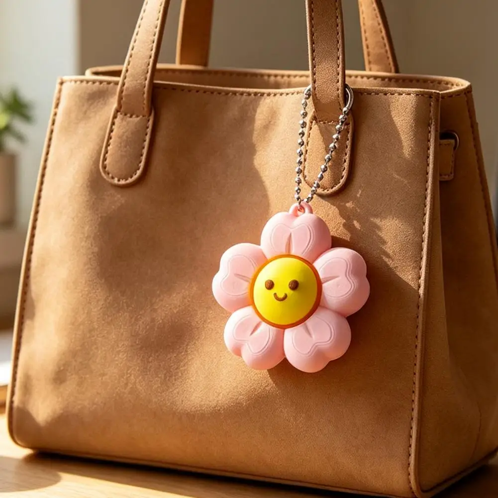 School Bag Decor Smiling Flower Keychain Fidget Toy Floral Clicker Stress Relief Charm Hanging Bag Accessory with Ball Chain Key