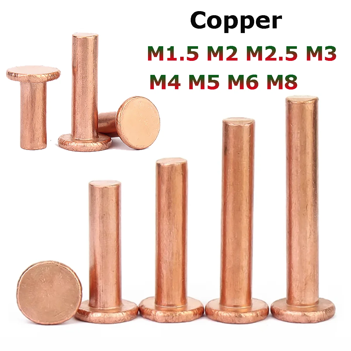 M1.5 M2 M2.5 M3 M4 M5 M6 M8 Copper Solid Rivets Knock Flat Head Rivet Flat Head Copper Rivets Solid Brass Rivet GB109 L=2-50mm