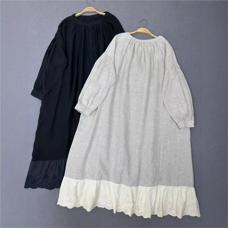 Johnature retro preguiçoso estilo em camadas vestido de linho para mulher novo solto em torno do pescoço vestido longo para o outono 2025