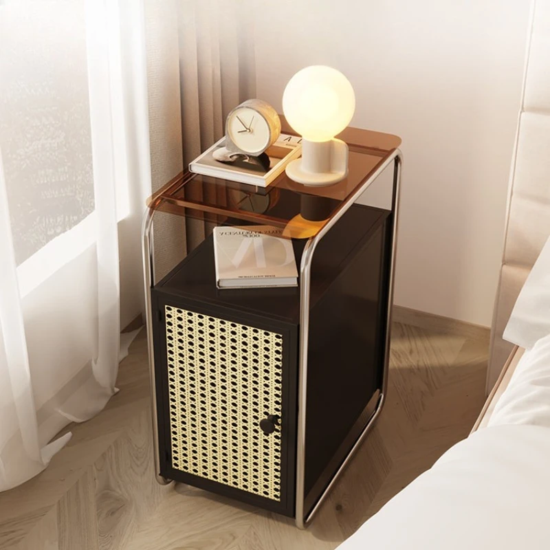 Nordic Inspired Narrow Iron Frame Nightstand, Bedside Storage Cabinet for Bedroom, Living Room and Small Apartment Furniture