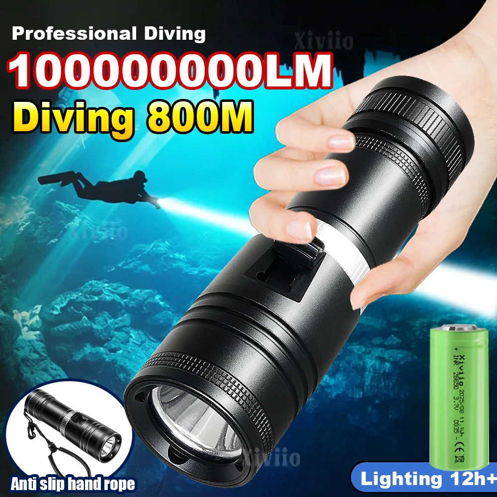 

Профессиональный светодиодный фонарь для дайвинга 1000000LM, мощный подводный светильник IPX8, аккумулятор 26650, фонарь для подводного плавания с ремешком на руку,,фонарик аккумуляторный мощный