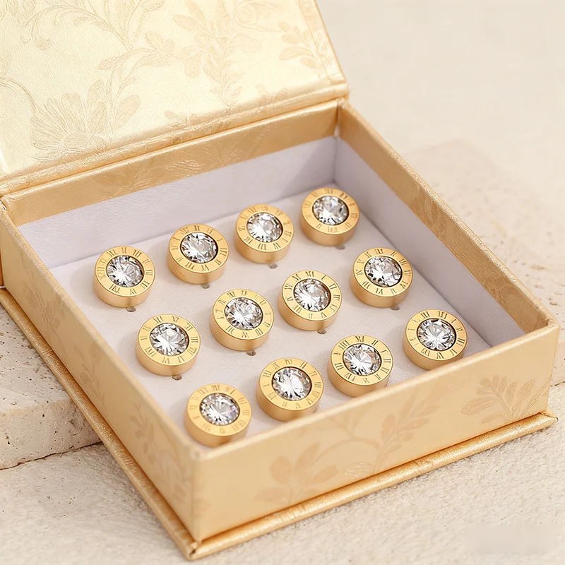 Women's Rose Golden Plated Round Crystal Earrings Minimalist Roman Numeral Design Daily Wear Jewelry