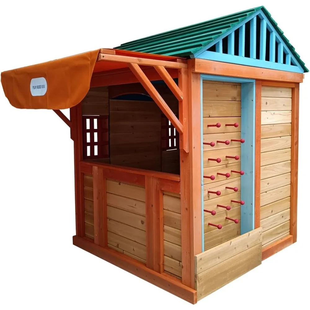 Outdoor Playhouse, 4-in-1 Wooden Game House with Canopy Working Door Windows Flowerpot Holder, Large Indoor Outdoor Playset