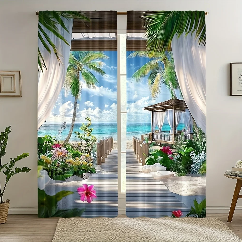 2PCS Tropical Beach Blackout Curtains, Seaside View Polyester Drapes for Living Room, Bedroom, Office - Modern Coastal Decor