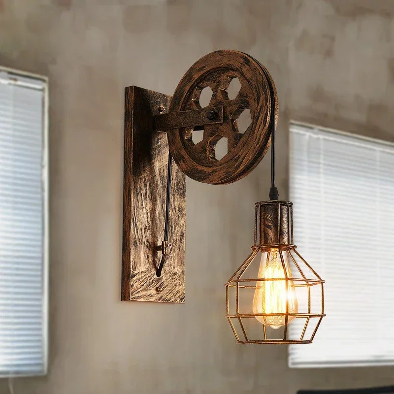 

Loft Industrial Wall Light Vintage 1 Adjustable Iron Sconce Lifting Pulley Lamp Edison vanity Fixture
