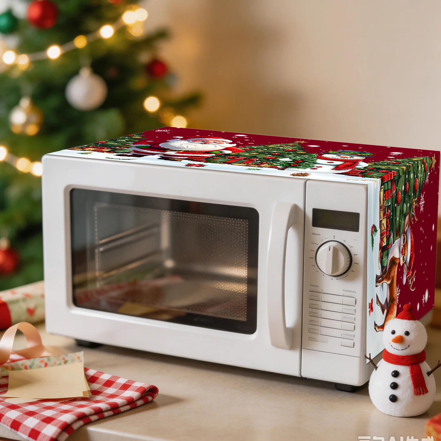 Weihnachts-Mikrowellen-Abdeckung mit Weihnachtsmann-, Schneemann- und Rentier-Motiv, Küchen-Staubschutz, dekorative Feiertagsdekoration für die Küche. – Detail 2
