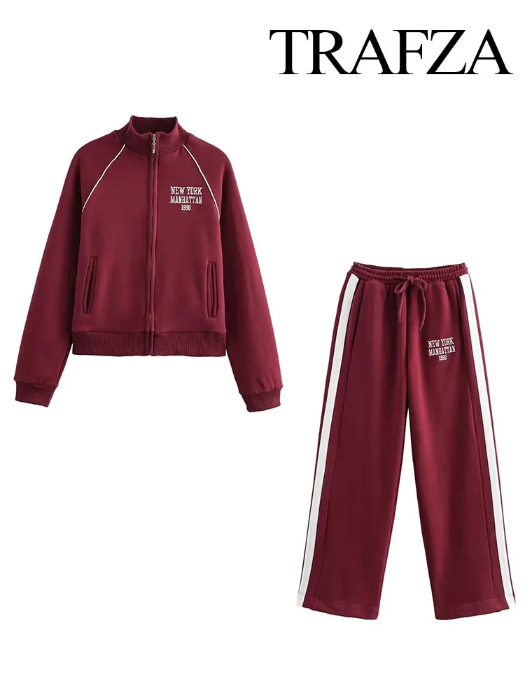 TRAFZA Women's Pant 2-Piece Set Female Fashion Versatile Printed Velvet Zip Jacket+Commuting Elastic Waist Belted Casual Pants