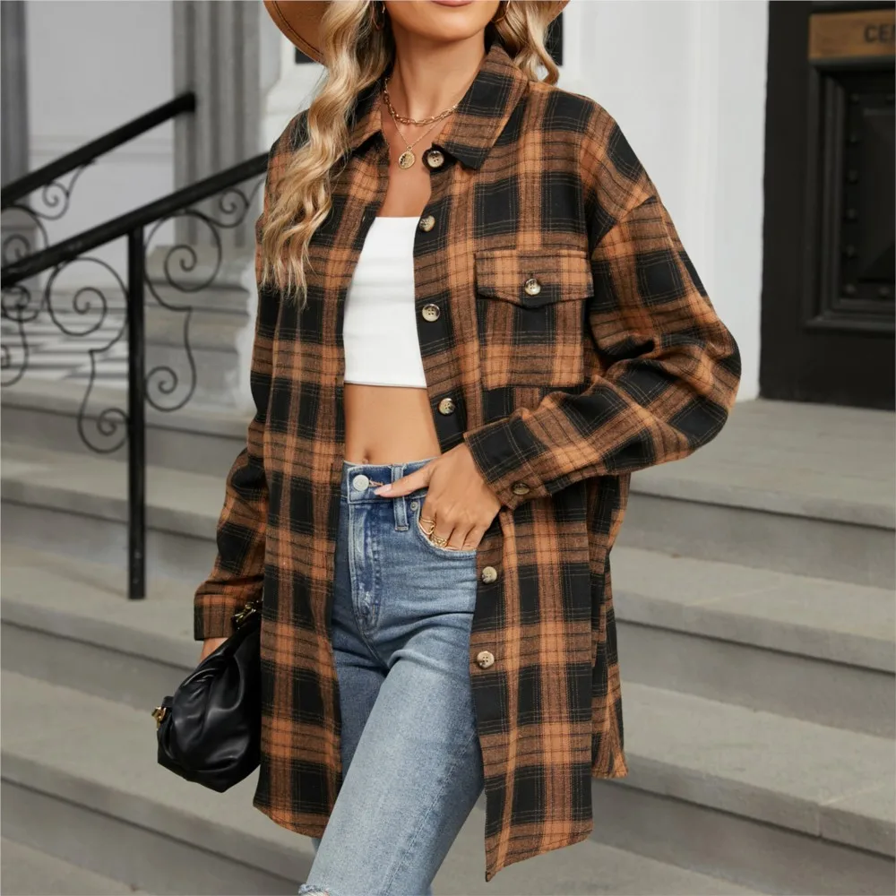 Loose Pocket Patchwork Single Breasted Cardigan Shirt For Women 2024 Autumn/winter Checkered Shirt Brushed Long Sleeved Blouses