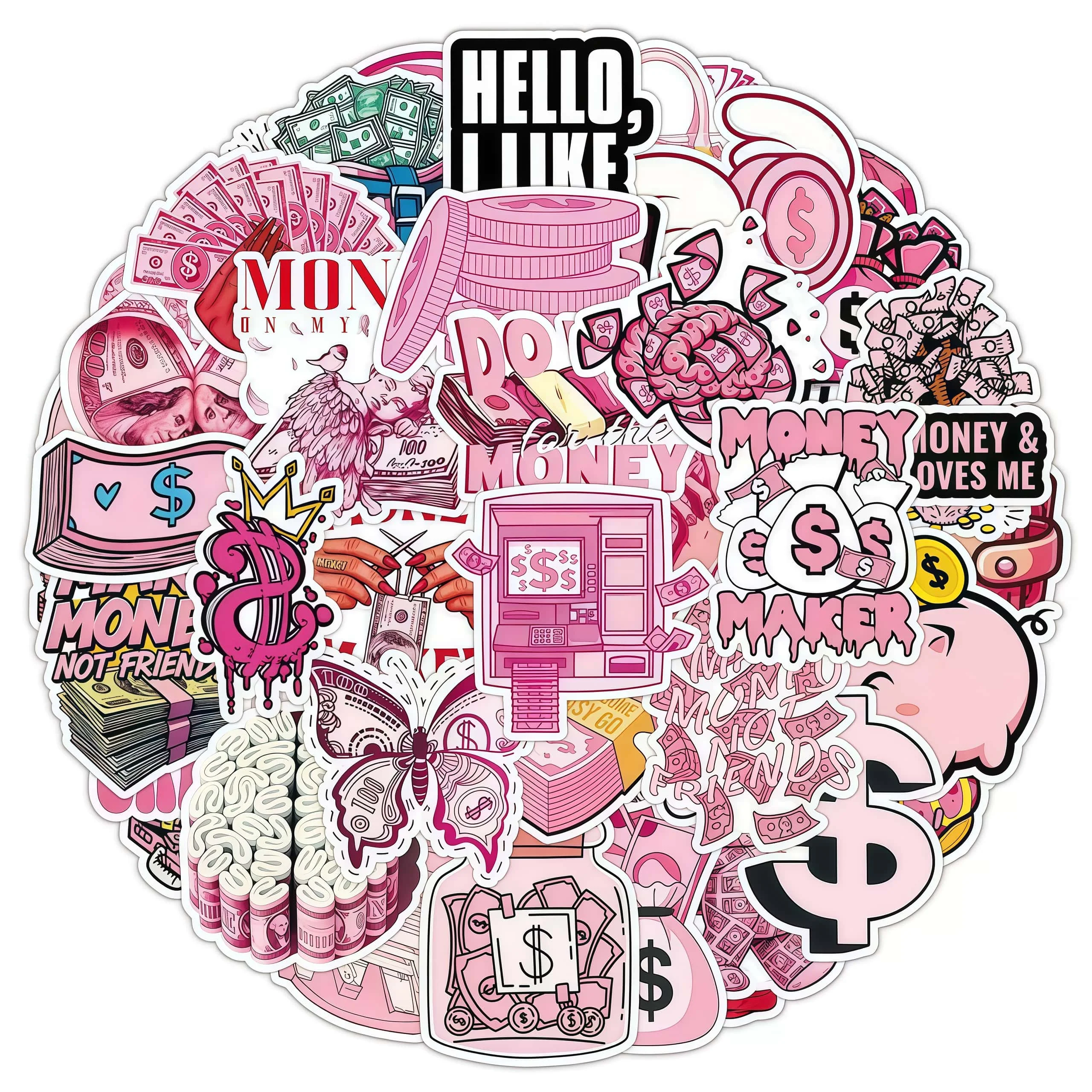 50Pcs Pink Money Graffiti Sticker Pack, Y2K Cash Dollar Aesthetic Decals for Laptop, Water Bottle & DIY Journal Decor