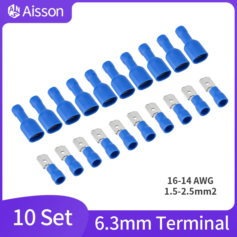 10Set/20Pcs Insulated Spade Crimp Wire Cable Connector 6.3mm Terminal Male Female Kit 16-14 AWG FDFD2-250 MDD2-250