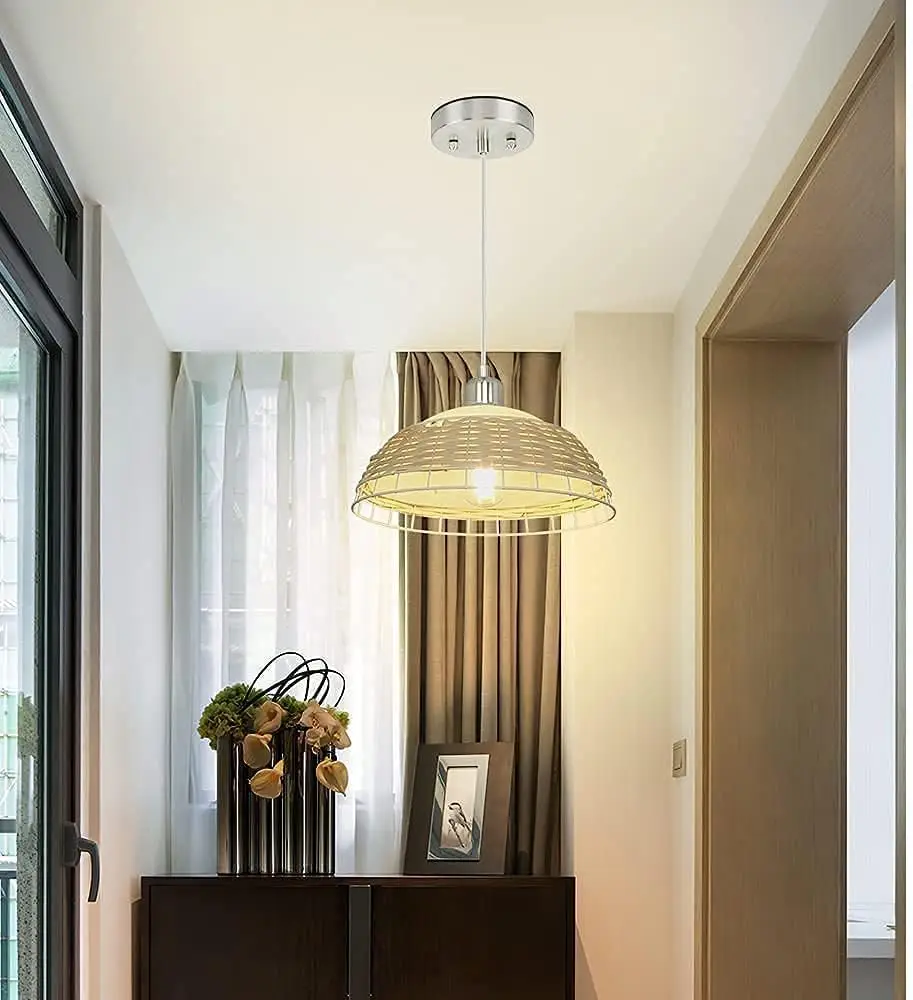 Depuley LED Pendant Light Rattan Lampshade, Height-Adjustable Pendant Light E27 Made of Bamboo and Glass, Oriental Hanging Lamp