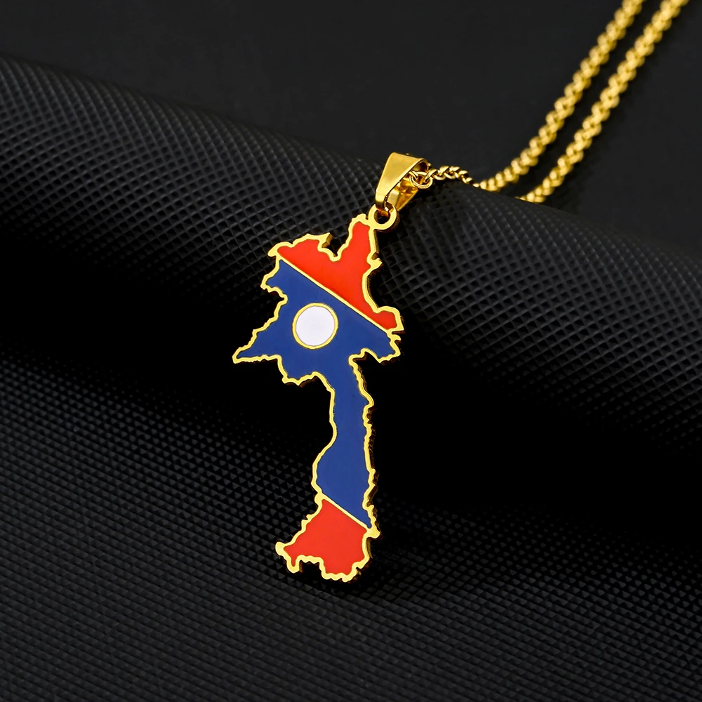 لاو الشعب جمهورية الديمقراطية خريطة العلم قلادة قلادة الفولاذ المقاوم للصدأ الرجال النساء لاوس خرائط المجوهرات هدية #2