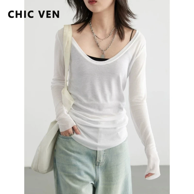 CHIC VEN Modische Damen T-Shirts Locker Lässig Einfarbig Weiß U-Ausschnitt Dünne Langarm-Shirts Sonnenschutz Damen-Oberteil Sommer 2026