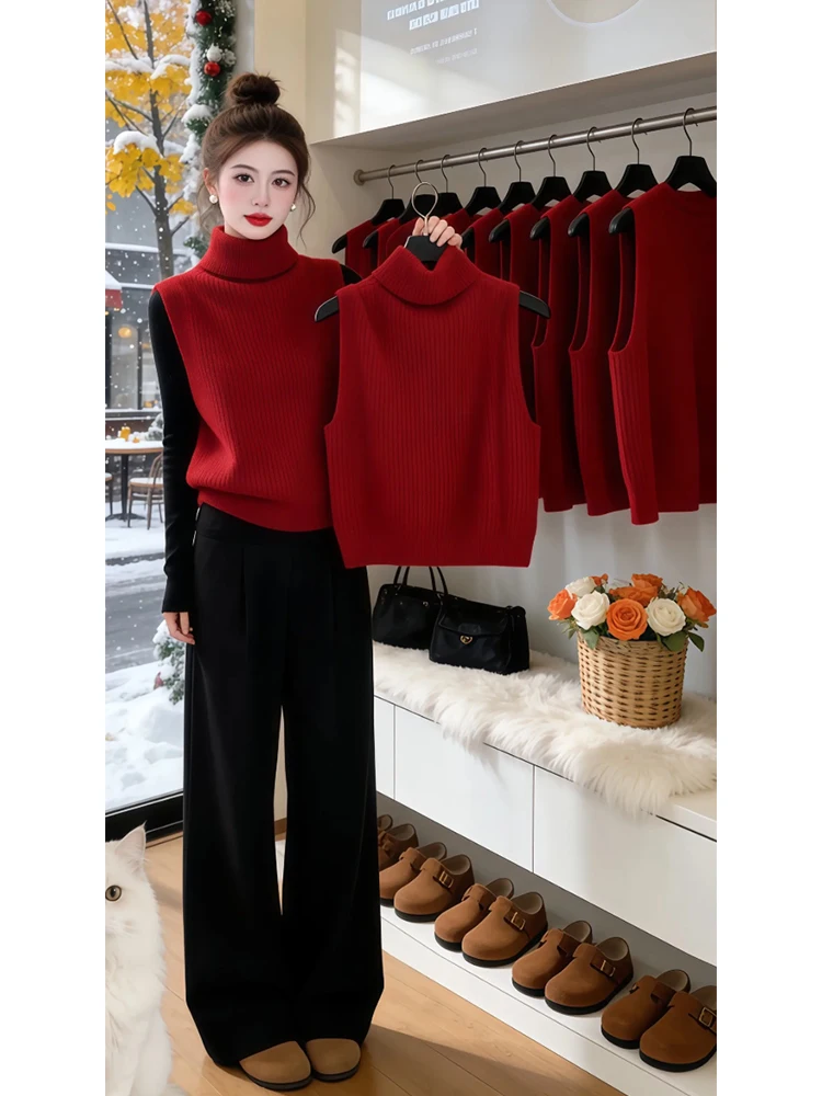 Large Size New Year Red High Collar Women's Vest Sleeveless Trendy Spring 2026 Simple Match Alluring Atmosphere Sweater