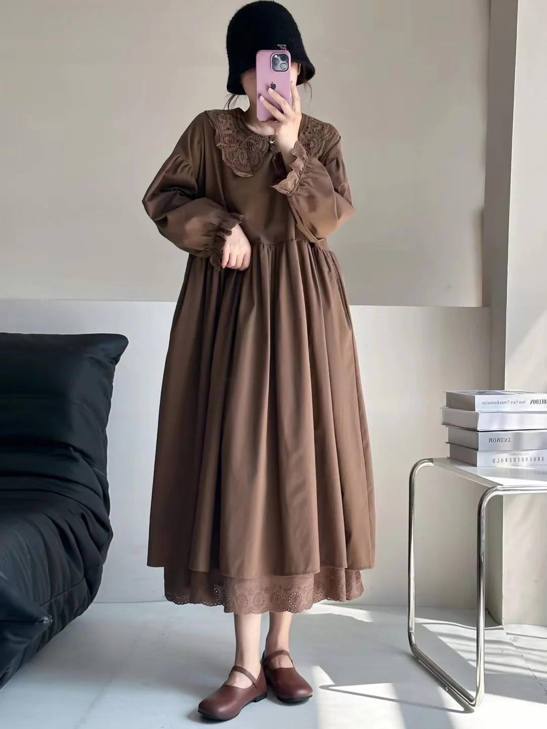 Vestido Longo de Aodão Casual com Gola de Boneca e Barra Dupla Camada, Estilo Retrô Artístico, Coleção Outono/Inverno Sweet...