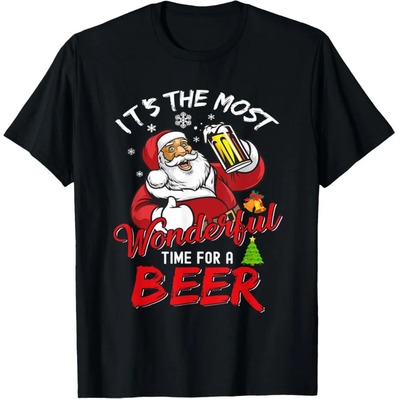 

Christmas Santa Claus Drinking Beer Wonderful Time Funny T-Shirt