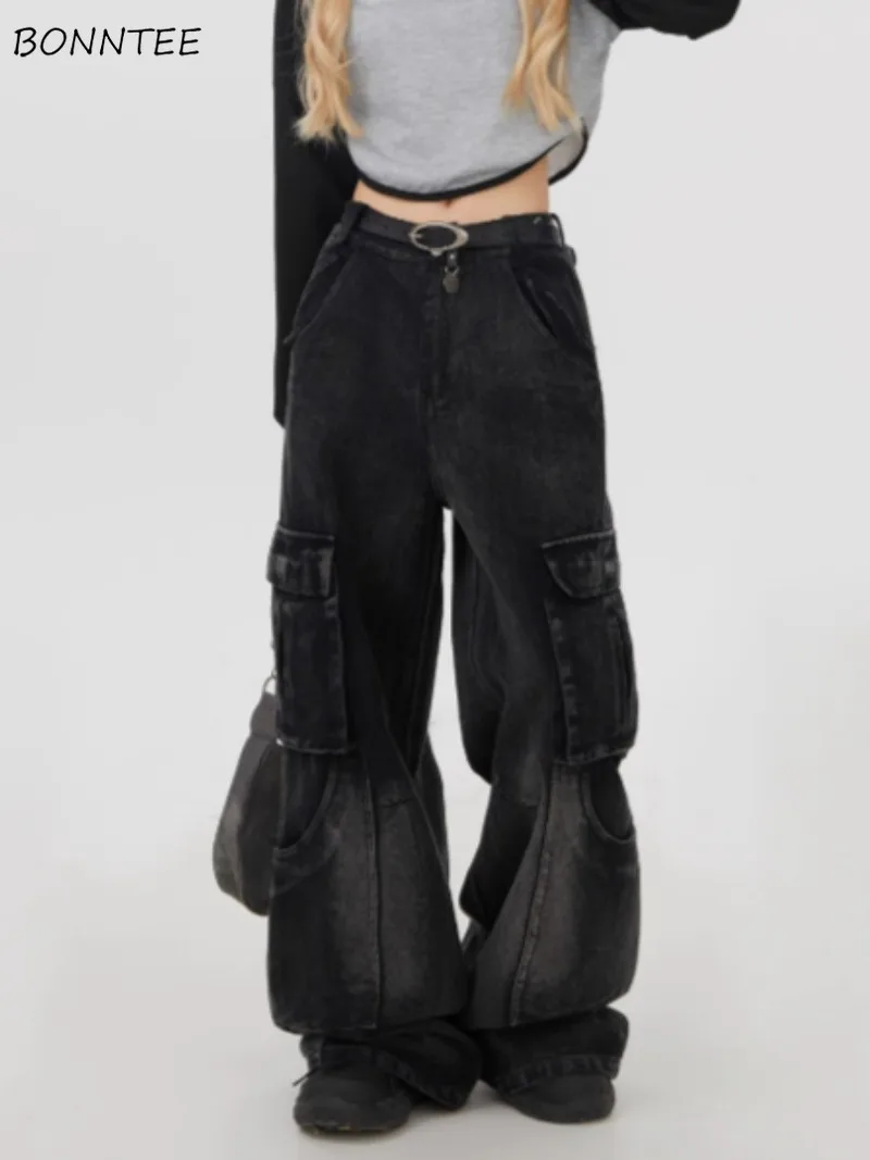 

High Street Cargo Jeans for Women Trendy American Style Mopping Autumn Baggy All-match Daily Multi-pockets Sweet Cool Girls Y2k