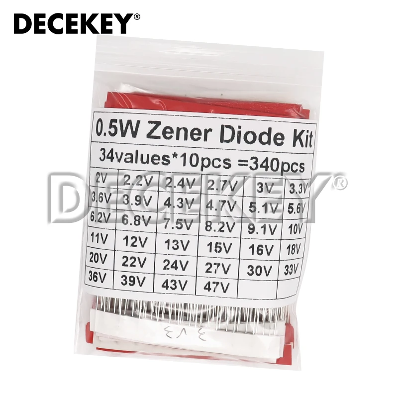 340pcs 1/2W Zener Diode Assorted Kit DO-35 0.5W 2V-47V 34Values Each 10pcs DIY Sample Set