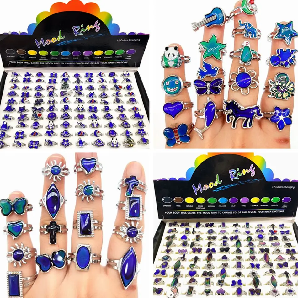 20/50/100pcs Wholesale Cute Animal Flower Mood Ring Child Temperatre Color Changing Charm Rings Grils Party Gifts