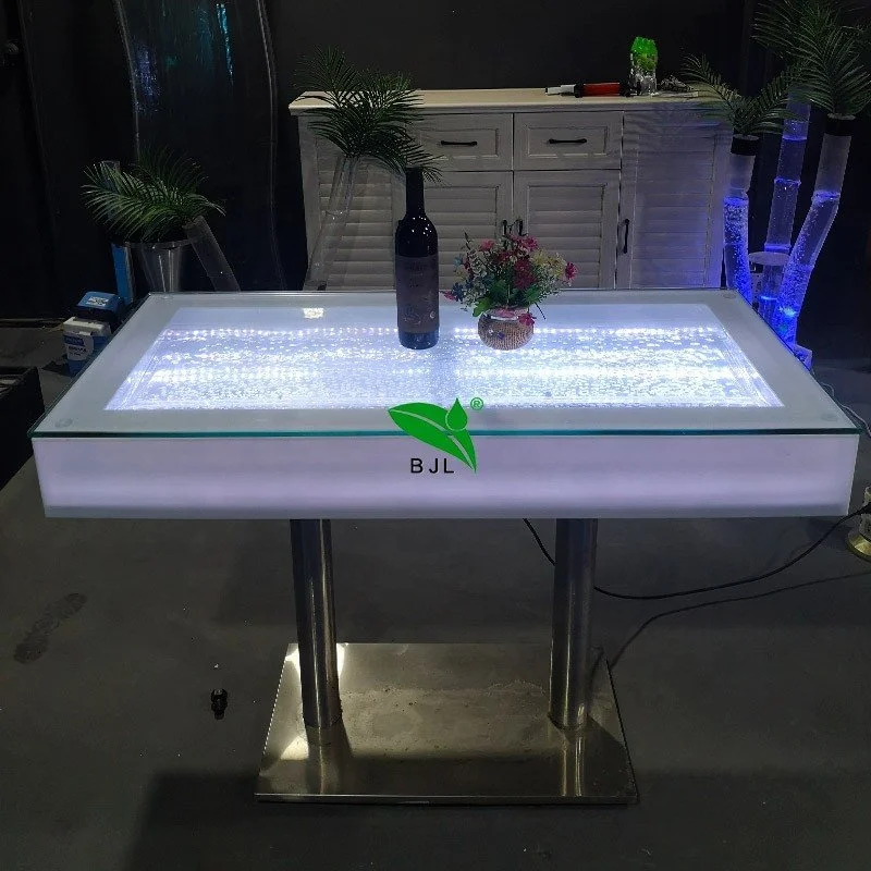 

custom，night club furniture aluminum base and glass table top led light aquarium bar table counter