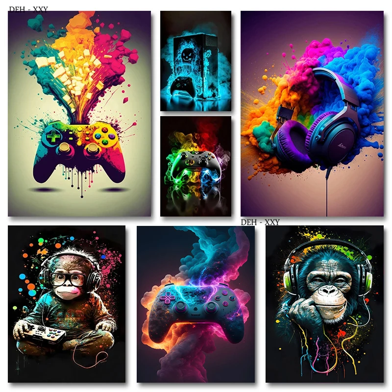 Gamer Gift Gaming Headphones Video Game PS Controller Monkey Canvas Painting Wall Art Posters Print Pictures Kawaii Room Decor