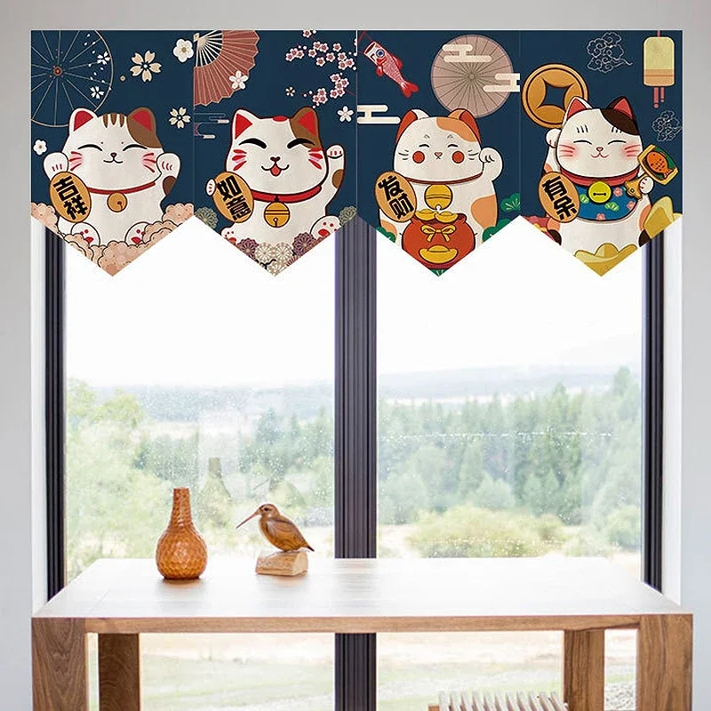 Japanese Short Door Curtain Lucky Cat Pennant Kitchen Partition Half-curtain Living Room Children Room Decor Hanging Curtains 커튼