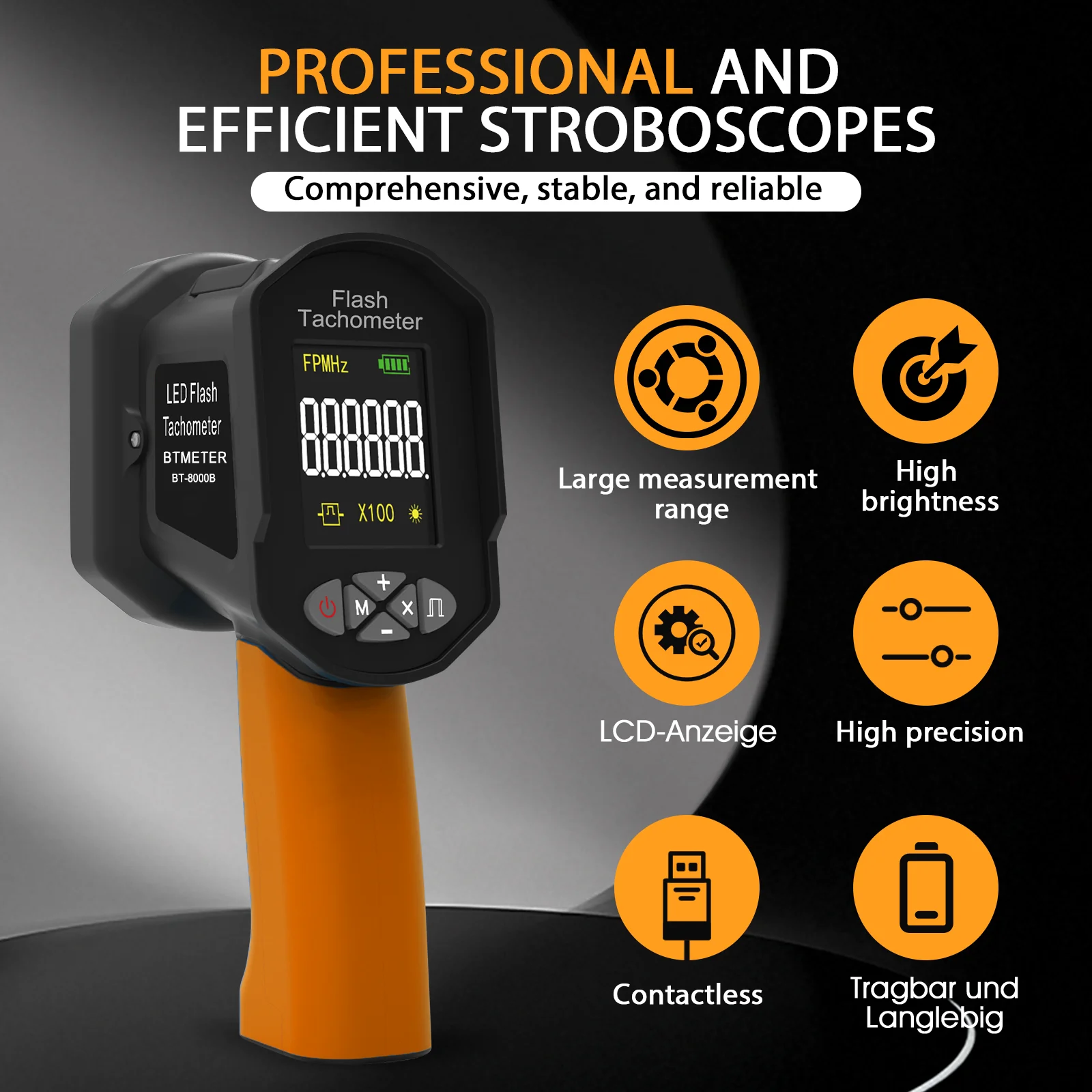 Digita Strobe Light Tachometer, 60-100K FPM, Non-Contact RPM Measurement, 1500LUX LED Flash, With Phase Adjustment & LCD Display
