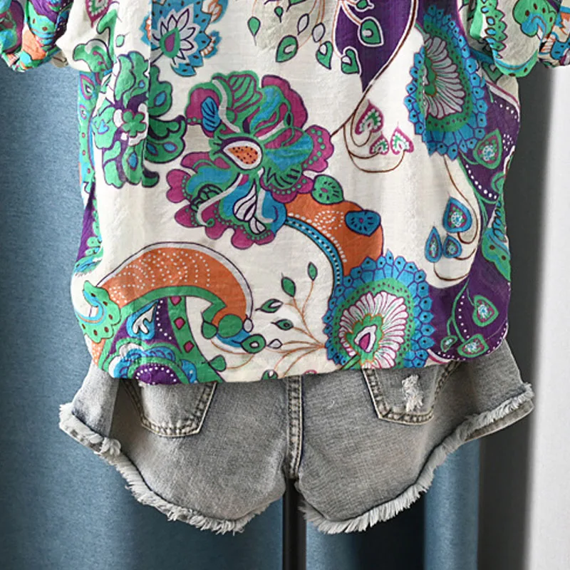 Summer Women's Clothing Fashion Vintage Folk Printed Short Sleeve Shirt Casual All-match Button Patchwork Blouse for Female