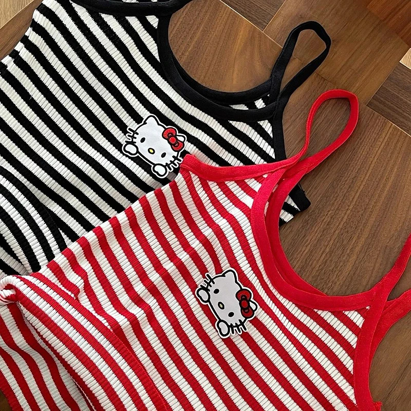 Hello Kitty-Halter rayé pour filles, haut précieux, vêtements intérieurs, vêtements d'extérieur, Kawaii, Sanurgente, été, doux, mignon, doux, cool, vent, Y2K