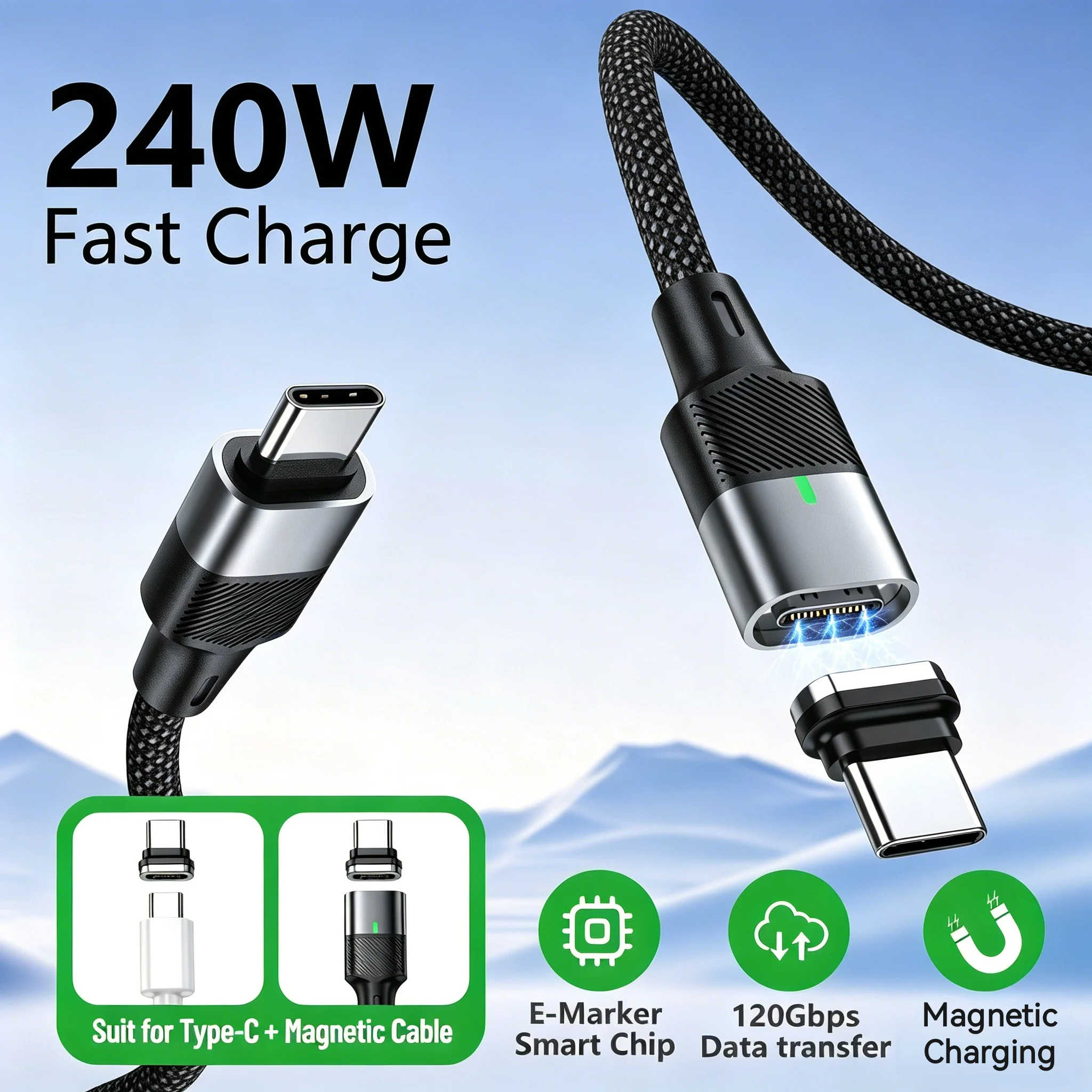 Magnetic USB C Cable 120Gbps Data Sync E-Marker Chip Nylon Braided 240W Magnetic Type C Charging Cable For Phone Laptop Notebook