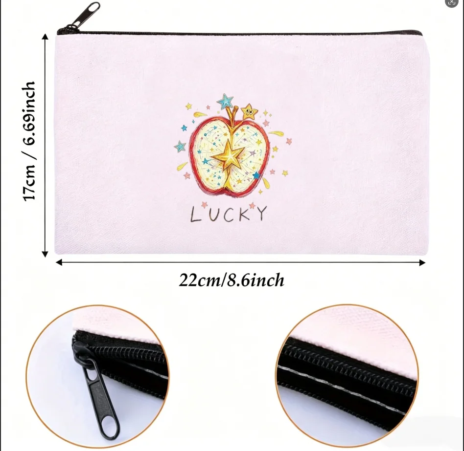 1PC Lucky Star Apple Hand Drawn Print Canvas Cosmetic Bag Portable Zipper Makeup Storage Pouch Positive Lucky Gift